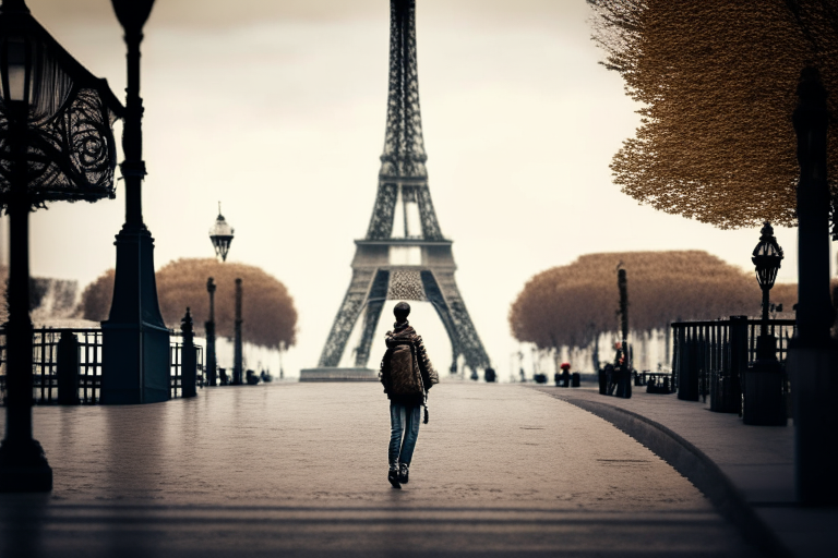 the Eiffel Tower with a passerby walking in front of it