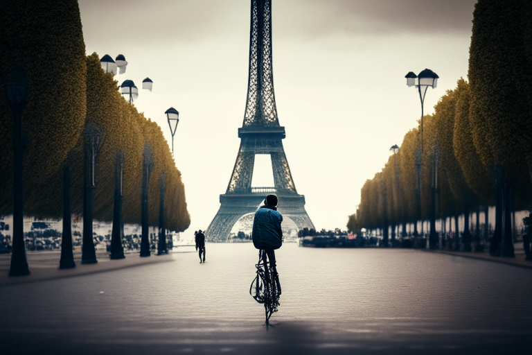 the Eiffel Tower with a person on a bike blocking part of the view