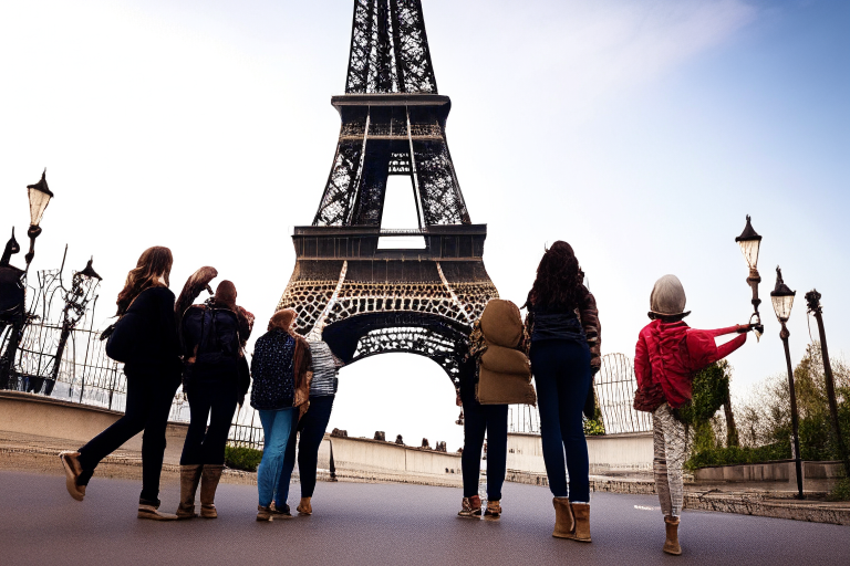 the Eiffel Tower with a group of tourists taking selfies in front of it