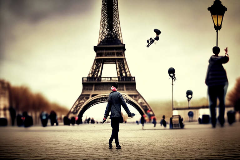 the Eiffel Tower with a street performer juggling in front of it