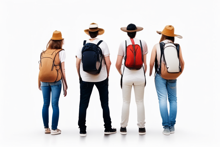 a group of tourists standing with their backs to the camera, facing a plain white background