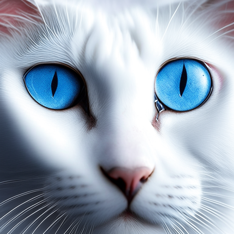 a close-up of a white cat's face with piercing blue eyes