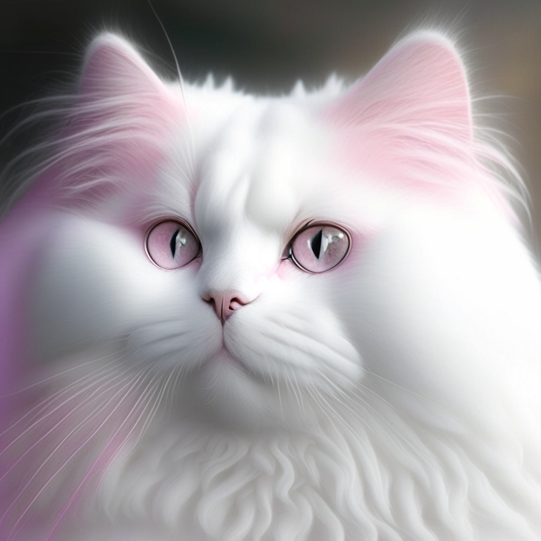 a white cat with a fluffy face and pink nose