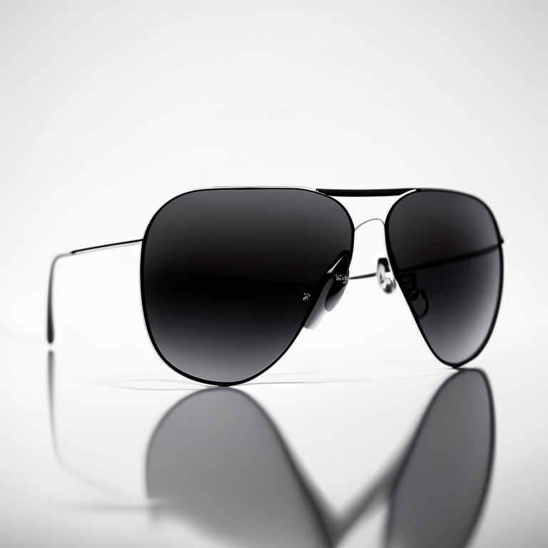a close-up of black aviator sunglasses on a white background