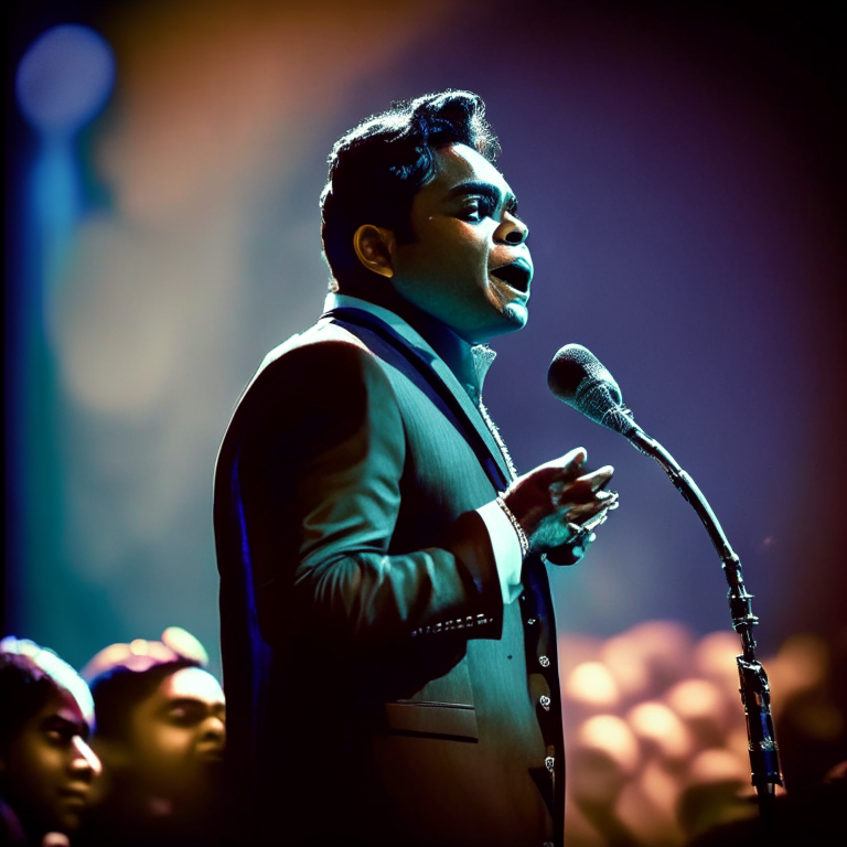 A.R Rahman singing on stage with a microphone in his hand in front of a large audience