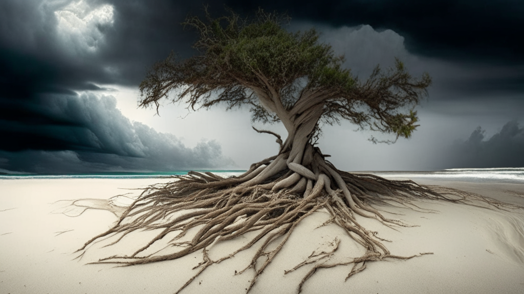 deep roots on a white sand beach with stormy skies