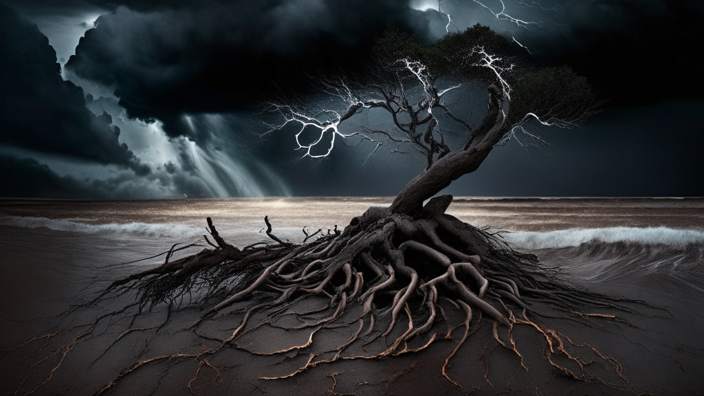 deep roots on a black stone beach with stormy skies and lightning