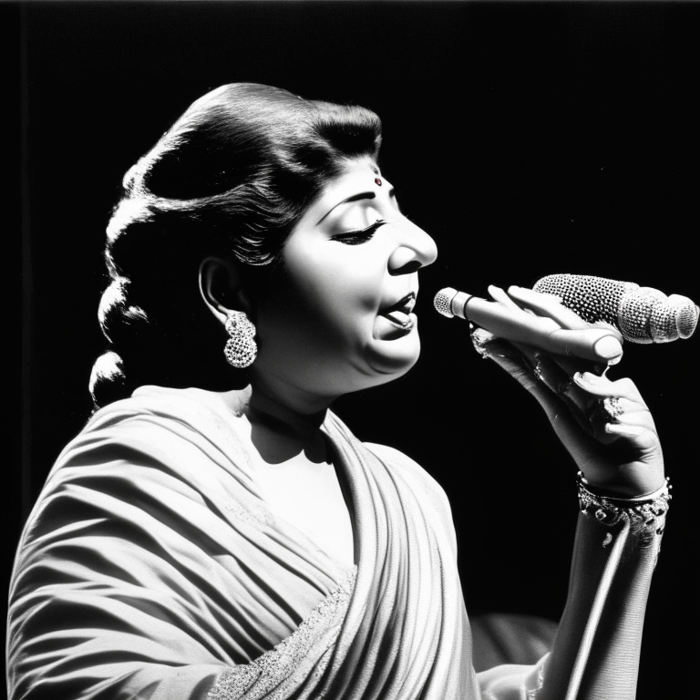 Lata Mangeshkar singing on stage with a microphone in her hand