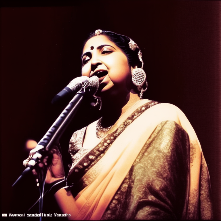 Asha Bhosle singing on stage with a microphone in her hand