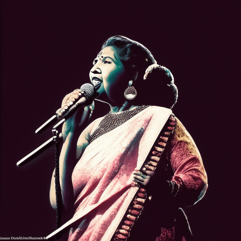 Asha Bhosle singing on stage with a microphone in her hand