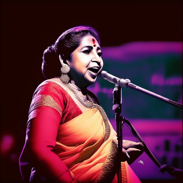 Asha Bhosle singing on stage with a microphone in her hand