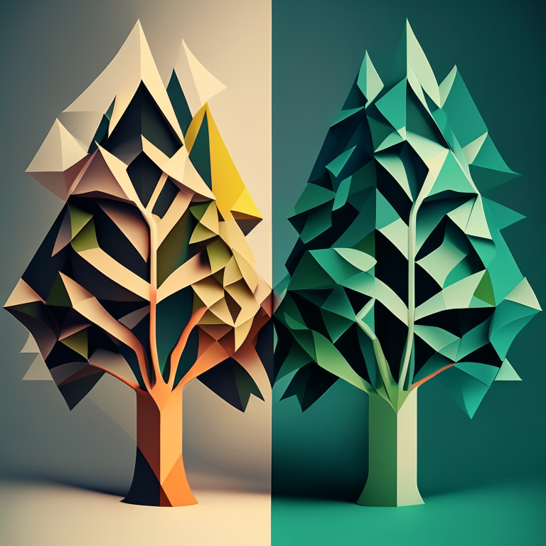 a combination of trees and geometric shapes in two colors, 8K resolution