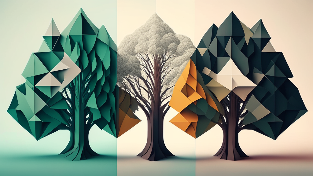 a combination of trees and geometric shapes in two colors, 8K resolution