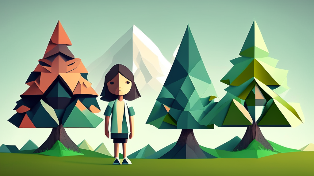 a cartoon-style elementary school student with a flat design, standing next to a series of low poly trees with mountains in the background