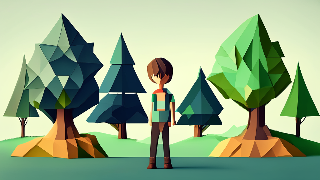 a cartoon-style elementary school student with a flat design, standing next to a series of low poly trees with mountains in the background