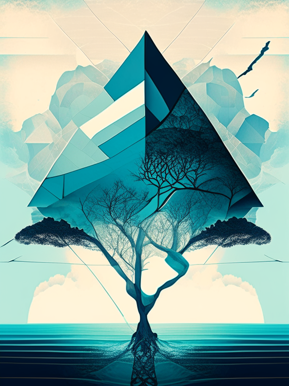 an abstract geometric composition of the sky, ocean, and a tree