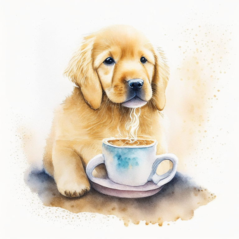 a watercolor painting of a Golden Retriever puppy drinking a latte with heart-shaped art