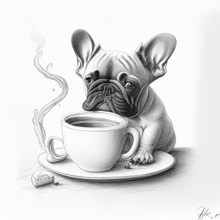 a pencil sketch of a French Bulldog puppy drinking a latte with heart-shaped art