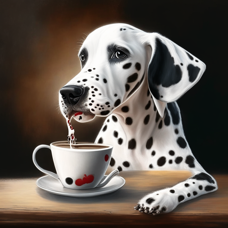 a digital painting of a Dalmatian puppy drinking a latte with heart-shaped art