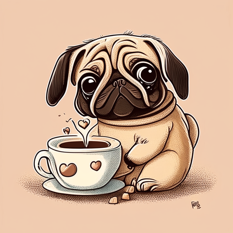 a cartoon drawing of a Pug puppy drinking a latte with heart-shaped art