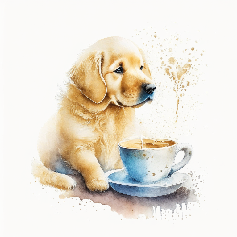 a Golden Retriever puppy drinking a latte with heart-shaped art in a watercolor style