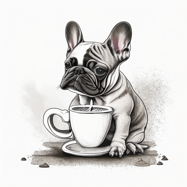 a French Bulldog puppy drinking a latte with heart-shaped art in a sketch style