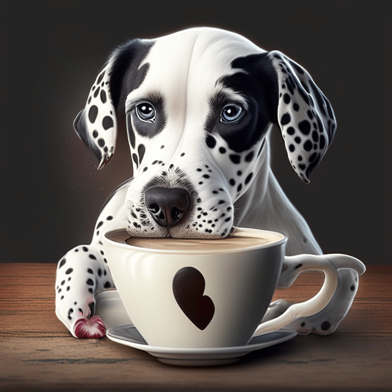 a Dalmatian puppy drinking a latte with heart-shaped art in a realistic style