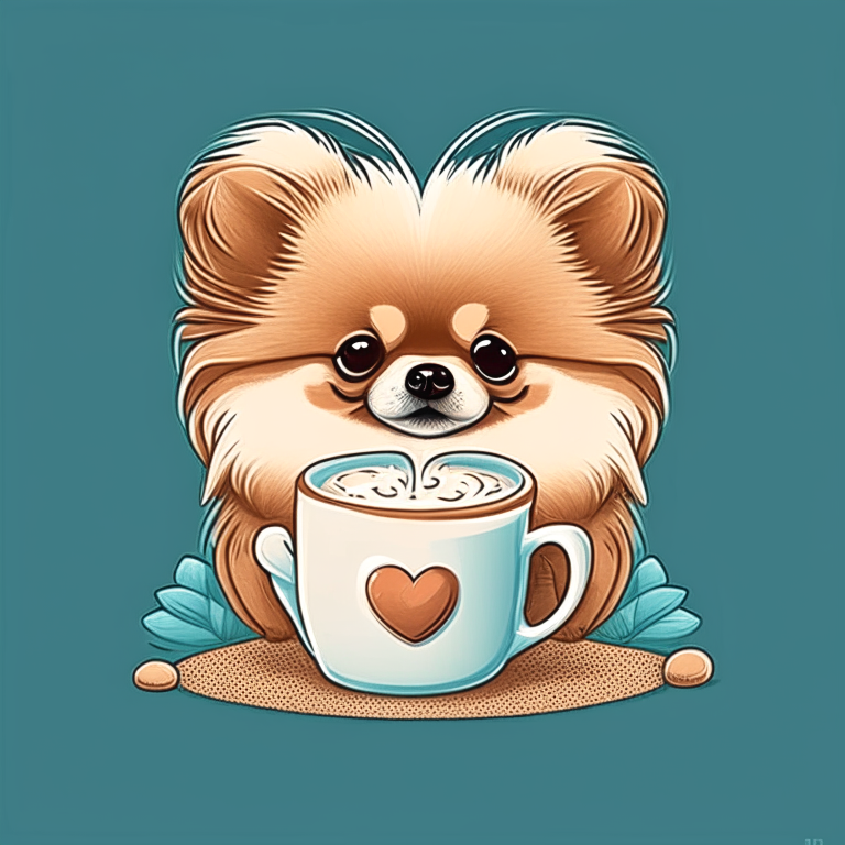 a Pomeranian puppy drinking a latte with heart-shaped art in a cartoon style