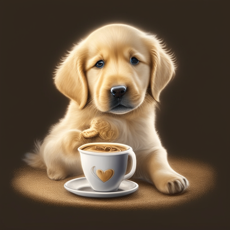 a Golden Retriever puppy drinking a latte with heart-shaped art in a realistic style