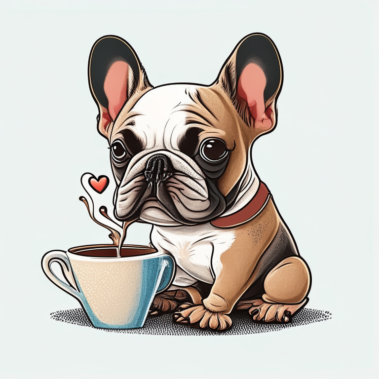 a French Bulldog puppy drinking a latte with heart-shaped art in a cartoon style