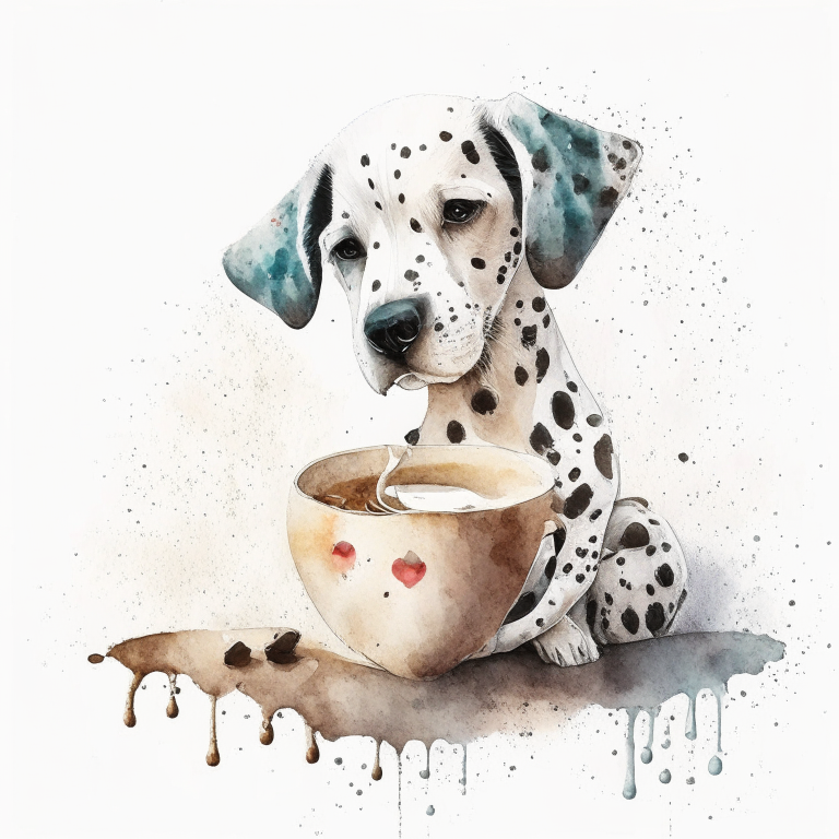 a Dalmatian puppy drinking a latte with heart-shaped art in a watercolor style