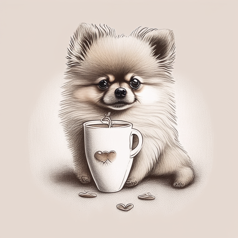 a Pomeranian puppy drinking a latte with heart-shaped art in a sketch style