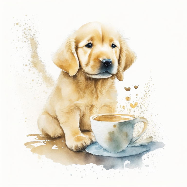 a Golden Retriever puppy drinking a latte with a heart-shaped art in watercolor style