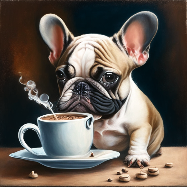 a French Bulldog puppy drinking a latte with a heart-shaped art in oil painting style