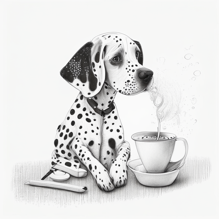 a Dalmatian puppy drinking a latte with a heart-shaped art in pencil sketch style