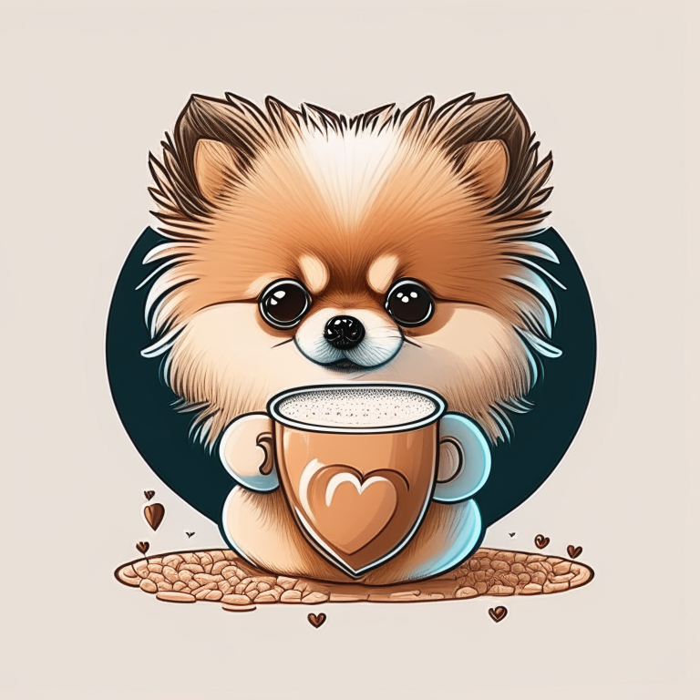 a Pomeranian puppy drinking a latte with a heart-shaped art in cartoon style