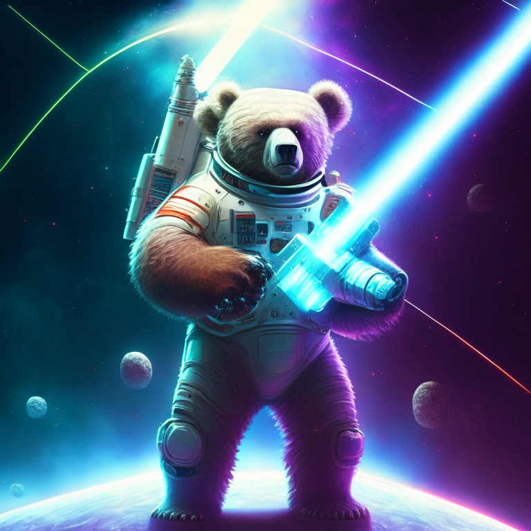 a bear in a space suit, holding a laser gun, standing in front of a spaceship