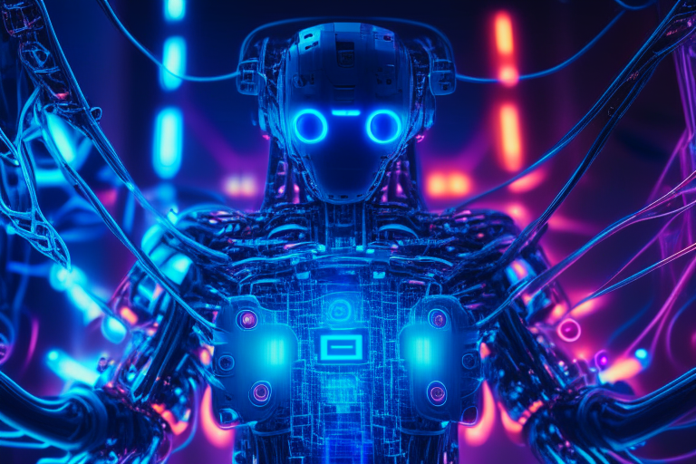 a futuristic robot with glowing blue eyes and a sleek metallic body, standing in a dark room a close-up of a robotic hand with intricate circuitry and glowing red lights a humanoid robot with a transparent head, revealing a complex network of wires and circuits a group of robots working together in a high-tech laboratory, surrounded by screens and holographic displays