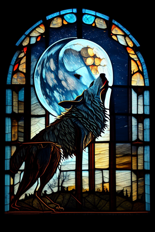 a wolf howling under the full moon, depicted in a stained glass window