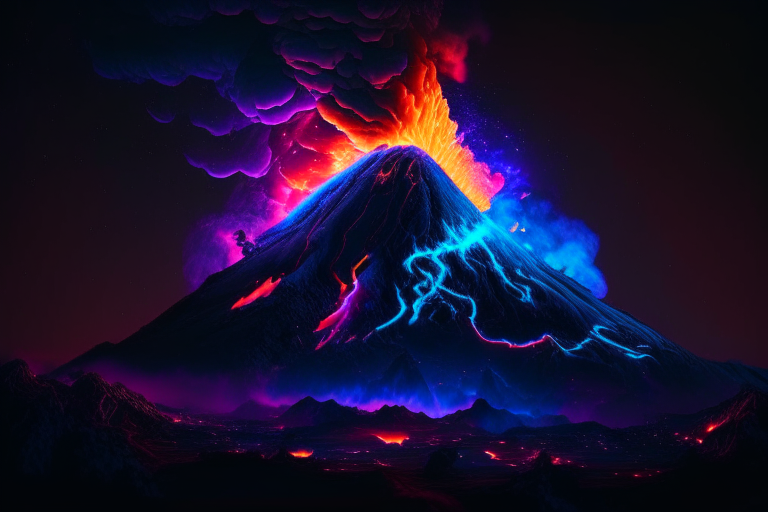 a blacklight volcano erupting in the middle of the night, with glowing lava and smoke