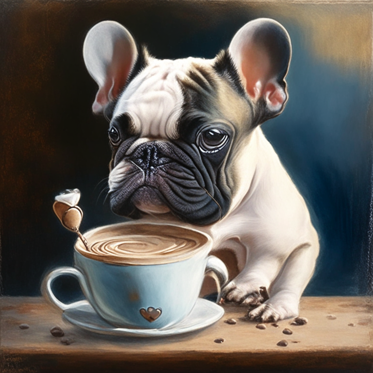 a French Bulldog puppy drinking a latte with a heart-shaped art, painted in oil painting style