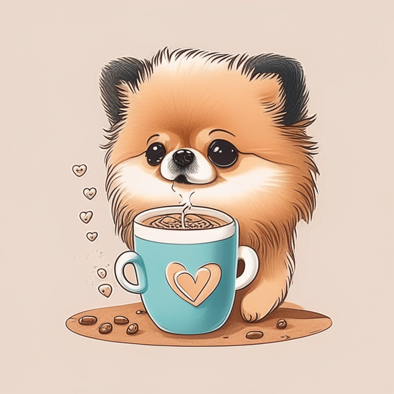a Pomeranian puppy drinking a latte with a heart-shaped art, drawn in cartoon style