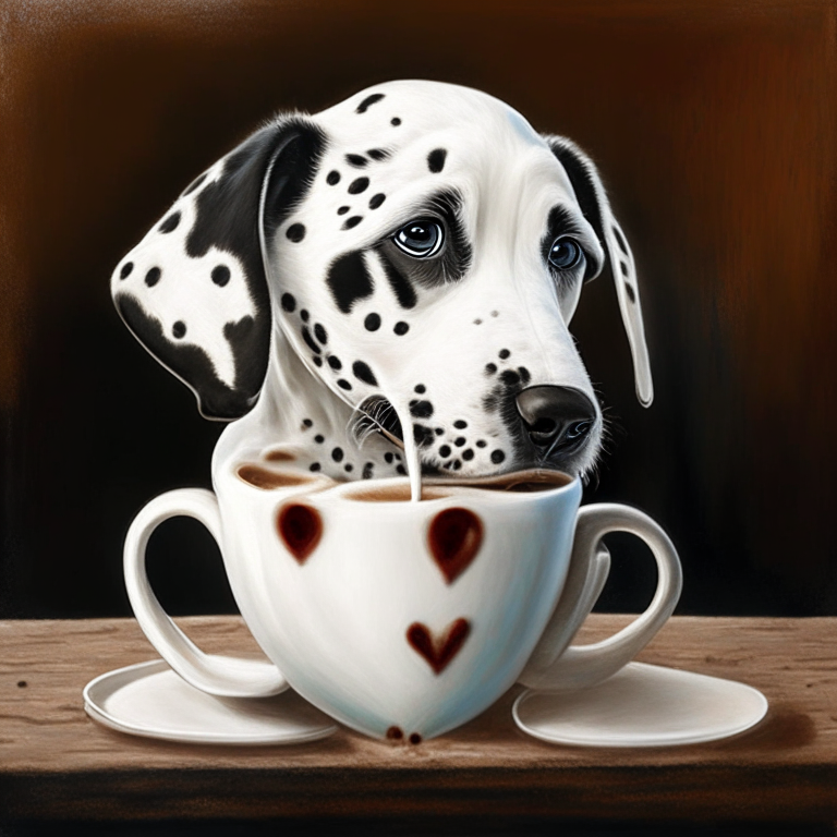 a Dalmatian puppy drinking a latte with a heart-shaped art, painted in acrylic style