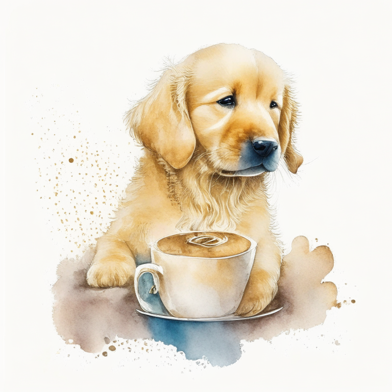 a Golden Retriever puppy drinking a latte with a heart-shaped art in a watercolor style