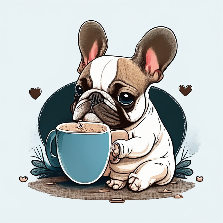 a French Bulldog puppy drinking a latte with a heart-shaped art in a cartoon style