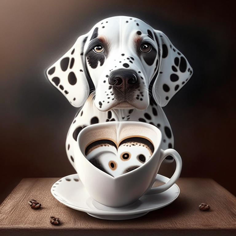 a Dalmatian puppy drinking a latte with a heart-shaped art in a realistic style
