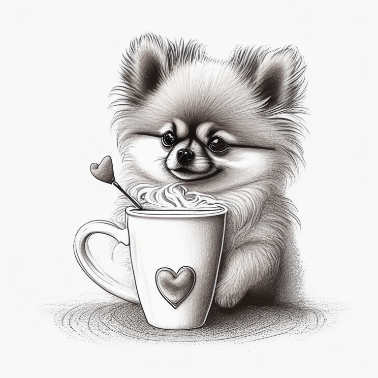 a Pomeranian puppy drinking a latte with a heart-shaped art in a sketch style