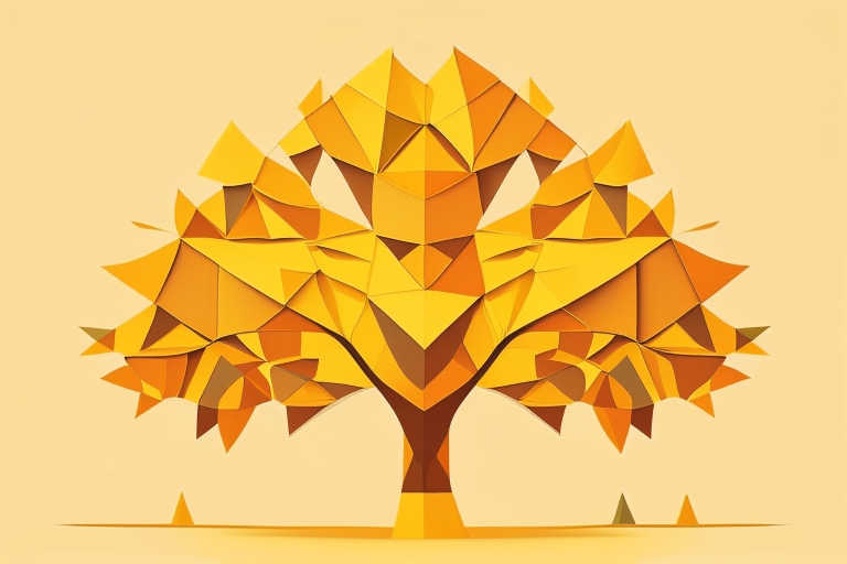 a flat-style tree made of geometric shapes in warm colors, with a golden yellow background