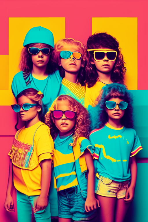 a group of children posing for a picture in 80s style colors, with a retro filter