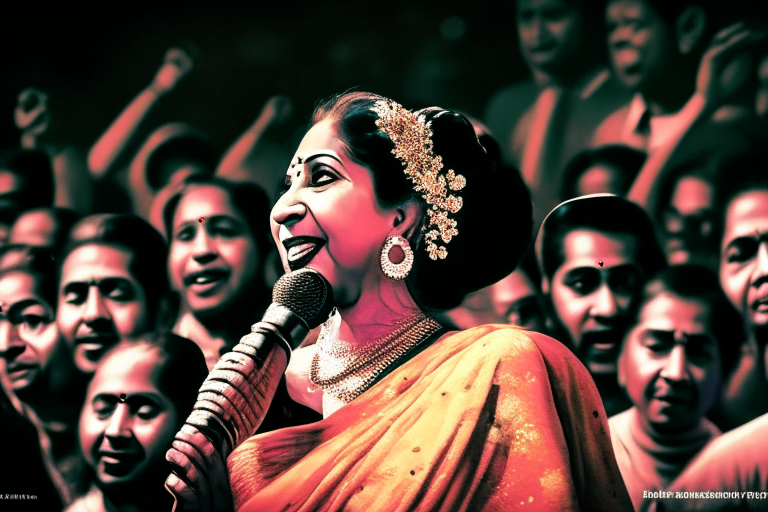 Asha Bhosle singing at a concert with a lively crowd in the background